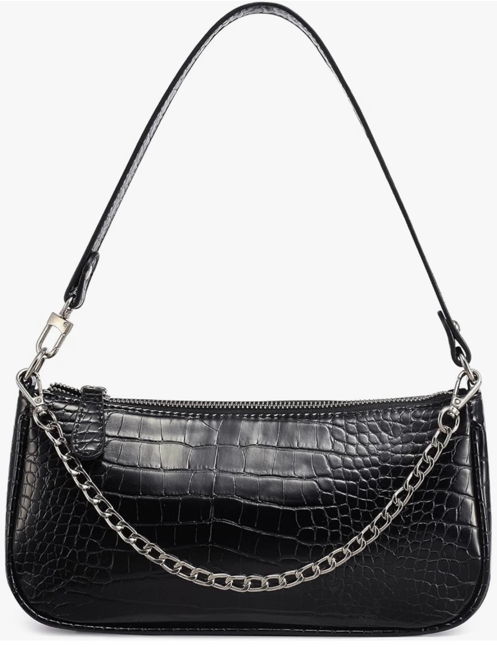 Black Croc-Embossed Shoulder Bag with Chain Accent